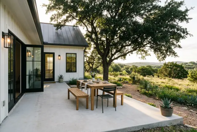 Smooth gray patio slab with a wood dining table beside a white board and batten house